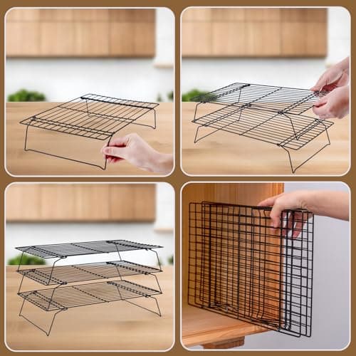 Cooling Rack for Baking 3 Tiers, 16" x 10" Cookie Cooling Wire Rack Stackable Collapsible Nonstick, Stainless Steel Baking Cooking Cooling Racks with Optimum Air Flow, Black 5