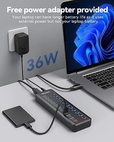 Powered USB Hub, Wenter 11-Port USB Splitter Hub (10 Faster Data Transfer Ports+ 1 Smart Charging Port) with Individual LED On/Off Switches, USB Hub 3.0 Powered with Power Adapter for Mac, PC 6