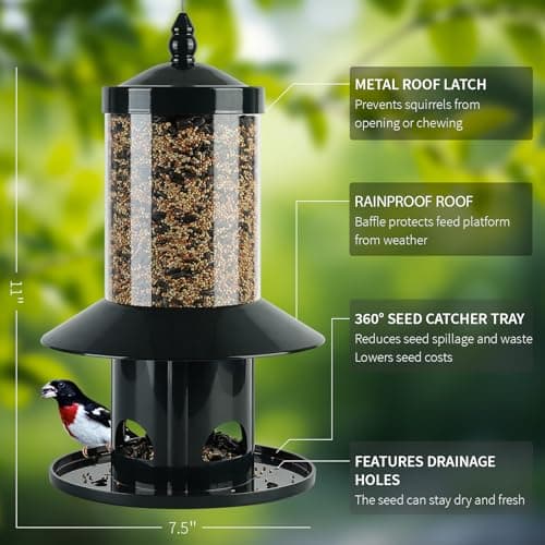Squirrel Proof Bird Feeder - 360° Feeding Perch Tray for Outdoor Hanging Wild Bird Seeds, Dark Green. 6