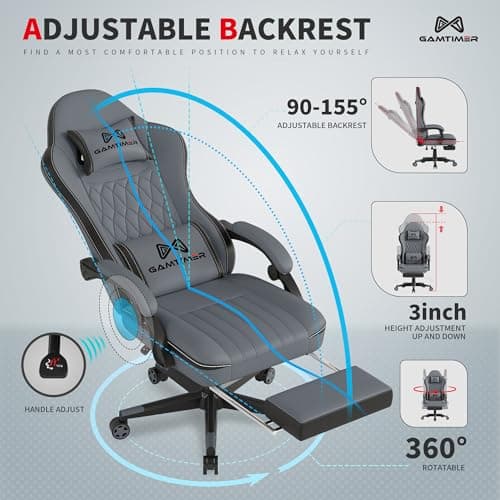 Gamtimer Gaming Chair with Footrest, Ergonomic Computer Chair, PU Breathable Material with Headrest and Lumbar Support, Suitable for Silla Gamer and Adults（Grey 6