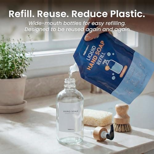 MaisoNovo Glass Dish Soap Dispenser for Kitchen Set of 2-16.9oz Clear Dish and Hand Soap Dispenser Set for Kitchen - Clear Glass Bottles x 2 with White Bamboo Pumps & Tray 7