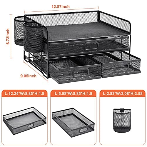 Marbrasse 3 Tier Mesh Desk Organizer with Drawer, Multi-Functional Desk Organizers and Accessories, Paper Letter Organizer with 2 Pen Holder for Home Office Supplies (Black) 6