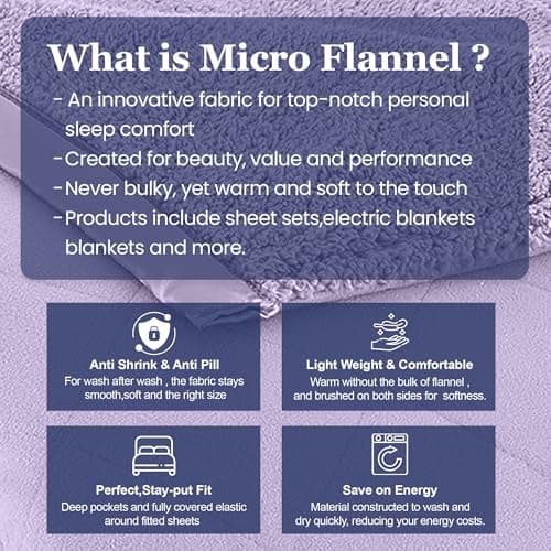 Thermee Micro Flannel Heated Blanket with Sherpa Back, 10-Setting Programmable Electric Blanket - King Size, Ultra-Soft Heated Throw - Lilac 6