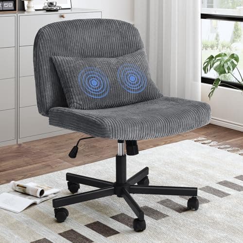 ONBRILL Criss Cross Chair with Wheels, Corduroy Massage Cross Legged Office Chair with 2 Layers Sponge Cushion, Armless Vanity Wide Seat, Adjustable Swivel Mid Back Task Seating for Home Office, Grey