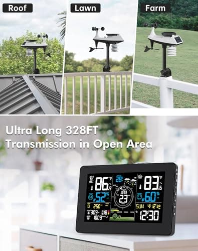 WiFi Weather Station Wireless Indoor Outdoor, Thermometer with Rain Gauge and Wind Speed/Direction, Large Display for Weather Forecast, Temperature, Humidity, Clock, Alarm, UV, Air Pressure, Black 6