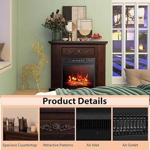 COSTWAY 32-inch Electric Fireplace with Mantel, 1400W Freestanding Fireplace Heater with Remote Control, Thermostat, 6H Timer, Adjustable 3D Flame Effect, Fireplace Mantel for Living Room, Brown 9