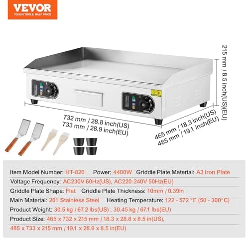 VEVOR 30" Commercial Electric Griddle 3000W Electric Countertop Griddle Non-Stick Restaurant 110V Teppanyaki Flat Top Grill Stainless Steel Adjustable Temperature Control 122°F-572°F (NO PLUG) 7