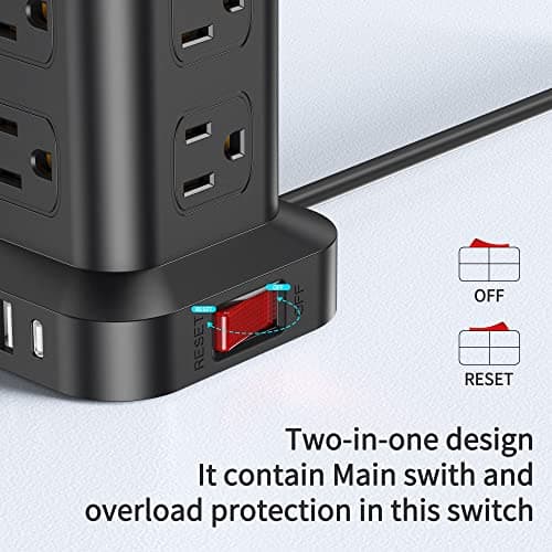 Extension Cord with Multiple Outlets, SMALLRT Surge Protector Power Strip Tower, Outlet Extender with 12 AC Outlets 4 USB, 6.5FT Extension Cord for Home Dorm Room, Office Supplies,Overload Protection 6