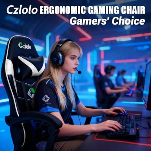 Czlolo Gaming Chair with Footrest Racing Style Lumbar Support Massager Video Game Chair with Metal Legs, High Back Reclining Gamer Chair with Headrest, 360° Swivel Office Computer Desk Chair (White) 9