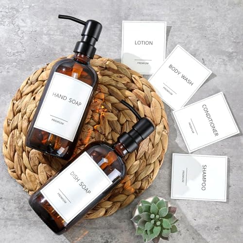 GMISUN Amber Glass Soap Dispenser, 2 Pack Bathroom Hand Soap Dispensers with Stainless Steel Pump, 17 Fl Oz Kitchen Hand and Dish Soap Dispenser Set, Modern Vintage Liquid Brown Soap Dispensers Bottle 8