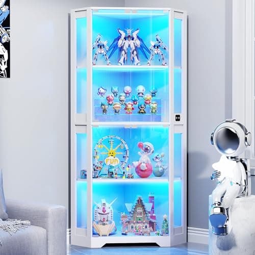 BROTTAR Corner Display Cabinet with Glass Doors, 65" Lighted Curio Display Case with 3 Color Lights for Collectibles, Books, 4-Tier Bookcase with Human Body Sensor, White