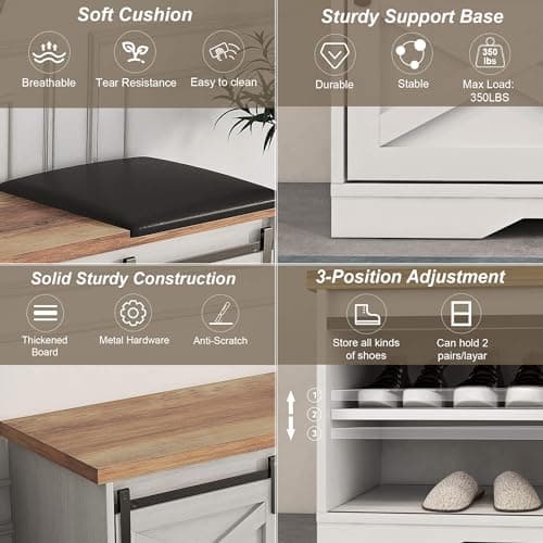 SAINTCY Modern White Entryway Bench with Hidden Shoe Storage Compartment, Farmhouse Bench with Cushion 8