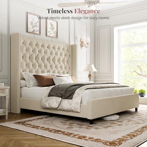 PaPaJet Queen Bed Frame Velvet Upholstered Bed with Deep Button Tufted/No Box Spring Needed/Easy Assembly/White 6