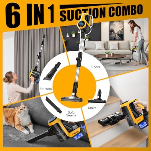 Ecarke Cordless Stick Vacuum Cleaner Compatible with DeWalt Battery, 350W Brushless Motor, 30KPa Suction, 6-in-1 180° Bendable Wand, Smart Screen 2x5AH Batteries & Charger – Hardwood Floors 6