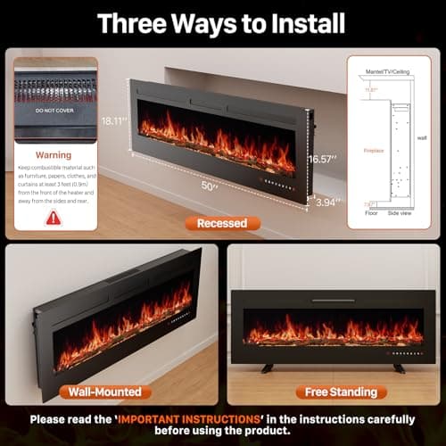 Sweetcrispy 50" Electric Fireplace Wall Mounted or Recessed Insert, 1500W/750W Freestanding Fireplaces Heater with Remote Control,13 Adjustable Flame Color, 12H Timer, Touch Screen 6