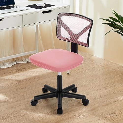DUMOS Armless Desk Chairs with Wheels, Ergonomic Adjustable Home Office Swivel Rolling Task Chair No Arms, Comfy Mesh Mid Back Computer Work Vanity Desk Seat for Small Spaces, New Pink