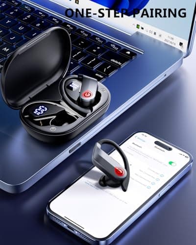 EUQQ Ear Buds Wireless Bluetooth Earbuds, Noise Cancelling Headphones 120H Playtime，IPX7 Waterproof Sports with Earhooks,LED Display Wireless Earphones for Running Gym Workout-Black 7