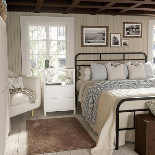 BOLUO White Nightstand with Charging Station, LED Night Stand with 2 Fabric Drawers, Bedside Table with USB Ports and Outlets, Nightstand for Bedroom Modern 8