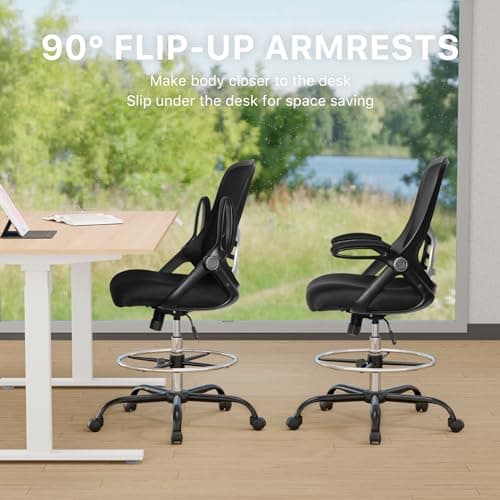 HYLONE Drafting Chair Tall Office Chair High-Back Mesh Standing Desk Stool with Adjustable Footrest Ring and Flip-Up Arms (Black) 8