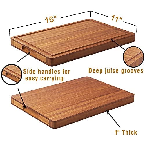Bamboo Wood Cutting Board for Kitchen, 1" Thick Butcher Block, Cheese Charcuterie Board, with Side Handles and Juice Grooves, 16x11" 6