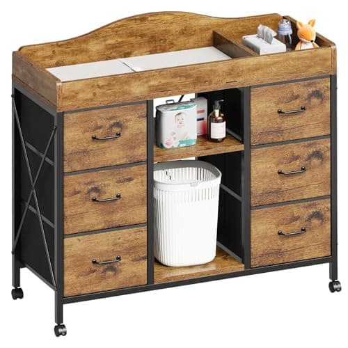 Yetom Changing Table, 6-Drawer Baby Dresser with Changing Table top,Waterproof Diaper Changing Station & Pad, 2 Height-Adjustable Open Storage Shelves, Mobile Nursery Organizer, Rustic Brown