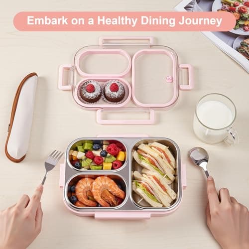 VACAID 25oz Stainless Steel Lunch Kit (Bento Box + Fork/Spoon) - 3 Leakproof Compartments - Food-Grade 18/8 Steel for Kids & Adults - School/Office/Travel Ready - Dishwasher Safe (Pink) 4