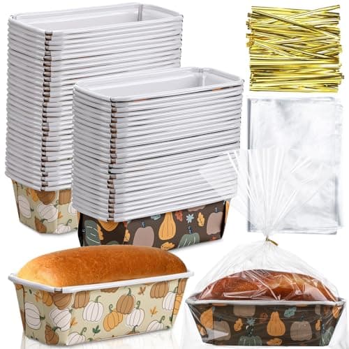 Hushee 50 Sets Fall Paper Loaf Pan 6.3 x 2.2 x 2.2 Inch Disposable Cake Pan Liners with Clear Plastic Bags and Ties Rectangle Paper Baking Mold for Thanksgiving Autumn Bread Cake Bakery(Pumpkin)