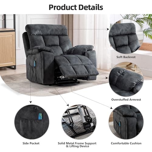 CANMOV Large Power Lift Recliner Chair with Massage and Heat for Elderly Big and Tall People, Overstuffed Wide Recliners with 2 Cup Holders, Side Pocket and USB Port, Grey 5