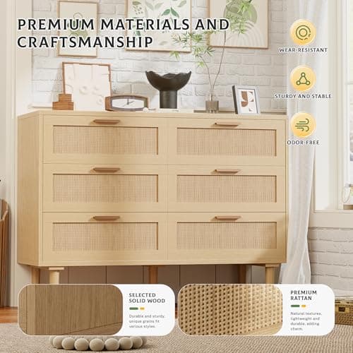INTERGREAT Sideboard Buffet Storage with 6 Drawers，Rattan Storage Chest for Bedroom, Boho Buffet Cabinet with Golden Handle and Wood Legs for Bedroom, Hallway, Natural 3