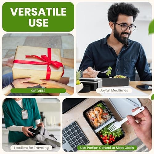 Stackable Bento Lunch Box for Adults with Utensils - Leakproof Bento Box Adult Lunch Box Containers w/ Compartments & Dividers, BPA-Free, Microwave/Dishwasher Safe, 5" x 7" x 4.5", Black w/ Strap 5