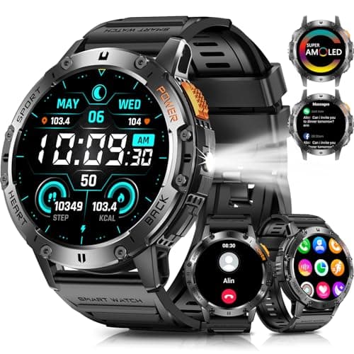 PODOEIL Military Smart Watches for Men with Bluetooth Call, 1.43" AMOLED Waterproof Smartwatch with Flashlight, 111 Sport Modes, 530mAh Heart Rate/Sleep Monitor for Android iOS