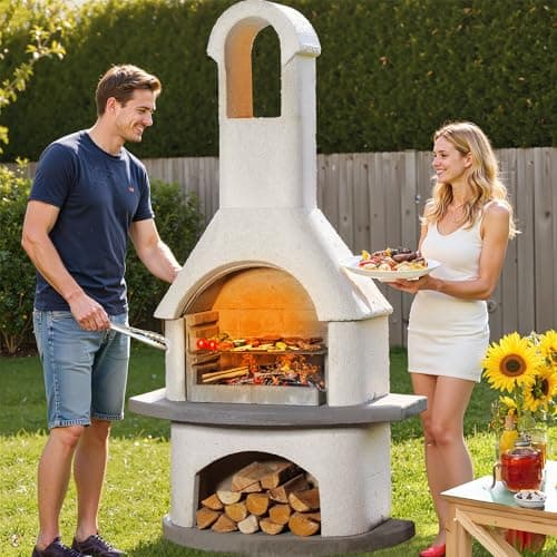 BIG HORN PRIME Concrete Outdoor Fireplace with Grill, Wood Burning Fireplace with Wood Storage and Chimney, Include Grill Rack & Charcoal Pan, 79.9”H 9