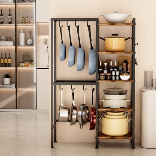 OMISRUIS 5-Tier Pot and Pan Organizer Rack with Hooks, Heavy-Duty Kitchen Storage Shelf for Cookware, Dishes, and Utensils, Freestanding Metal Pot Rack Organizer for Kitchen, Pantry, or Dining Room 8