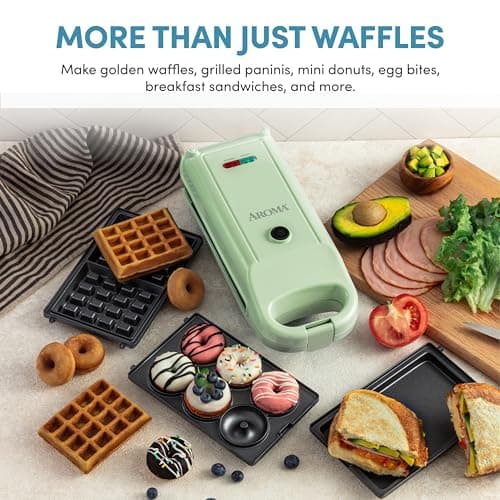 AROMA® Swap & Flip Waffle Maker with Removable Plates: 3-in-1 Panini Press, Mini Donut Maker, and Waffle Iron 2