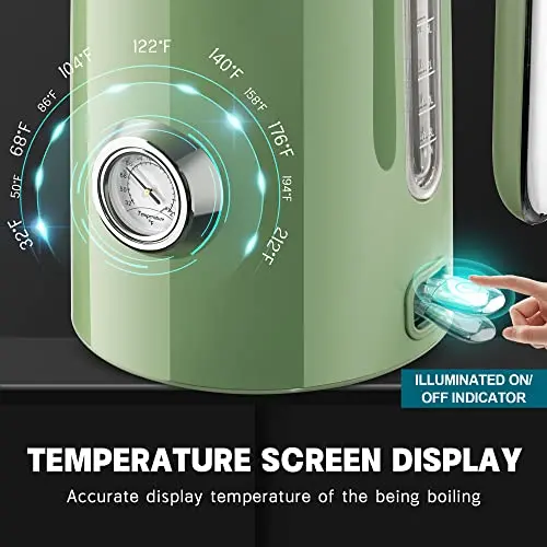 SUSTEAS Electric Kettle - 57oz Hot Tea Water Boiler with Thermometer, 1500W Fast Heating Stainless Steel Pot, Cordless LED Indicator, Auto Shut-Off & Boil Dry Protection, Retro Green 8