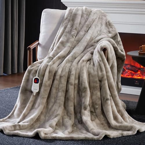 Guohaoi Heated Blanket Electric Throw, Soft Faux Rabbit Fur Electric Blanket with 10 Heating Levels 5 Sitting Timer Auto Off, Cozy Warm Heating Blankets, Machine Washable(62"×84" Light Grey)