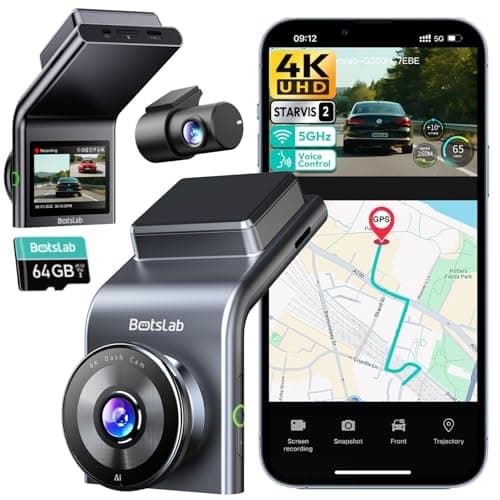 BOTSLAB 4K Dash Cam Front and Rear, STARVIS 2 Sensor, Voice Control, 64GB Card Included, 5GHz WiFi Dashcam Front and Rear Camera, Built in GPS, WDR Night Vision, 170°Wide Angle, 24H Parking Mode