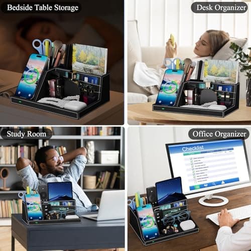 TopMade Wireless Charger Desk Nightstand Organizer, Leather Pen Holder Office Supplies Desk Accessories Fast Charging Station, Remote Control Holder, for iphone Charger Stand Gifts for Men (Black) 5