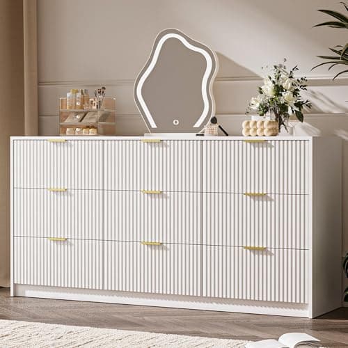 MAISONARIA White 9 Drawer Dresser for Bedroom, 63" Wide Modern Fluted Dresser with Gold Metal Handles, Chest of Drawers for Bedroom, Living Room, Entryway, Hallway 7