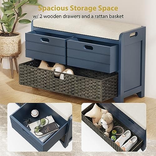 LOVMOR 32" Storage Bench with Removable Basket and 2 Drawers, Navy Wooden Entryway Bench with 250 lbs Weight Capacity 6