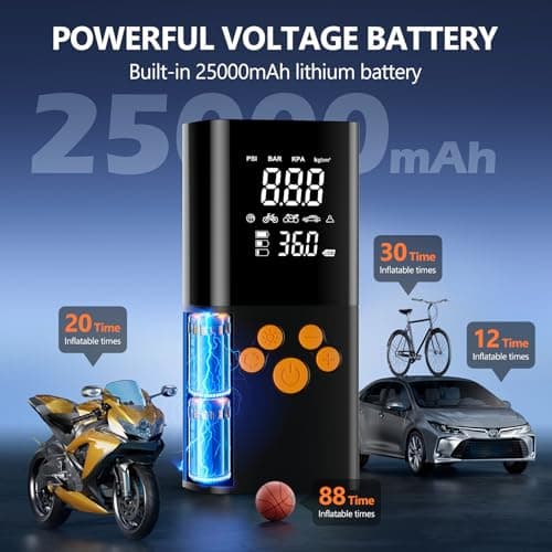 Tire Inflator Portable Air Compressor, 180PSI Air Pump for Car Tires with 25000mAh Battery, One Click Smart Air Pump Tire Inflator for Car, Motorcycle, Bicycle and More with Tire Pressure Gauge 3