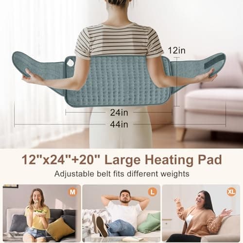 IGXHAVIZ Heating Pad for Back Pain Relief, Electric Heating Pad for Period Cramps Neck Shoulders with Belt, 4 Timer 6 Heat Setting & Auto Shut Off, 12"x24"+20" Large Moist Heat Pad for Mom,Dad 5
