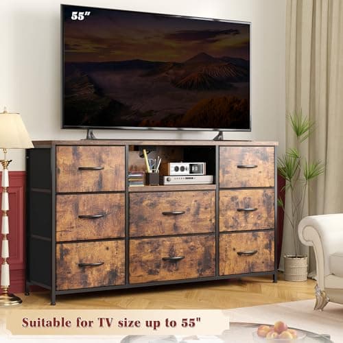 Dresser for Bedroom with Charging Station, 8 Drawers Dressers & Chests of Drawers for 50 55 inch TV, Dresser TV Stand for Bedroom, Fabric Dresser with Open Shelves for Living Room Hallway, Brown 6