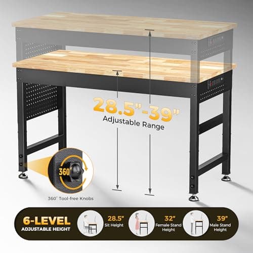 CAMMOO 47.64" Adjustable Heavy Duty Workbench, 2000 LBS Load Capacity Rubber Wood Work Table with Pegboard, Power Outlets, Work Bench for Garage, Workshop, Office, Home, Commercial 5