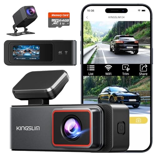 Kingslim 4K Dash Cam Front and Rear, Front 4K Rear 1080P Dual Dash Camera for Cars, Mini Dashcam with 64GB Card, APP Control, Night Vision, G-Sensor, Loop Recording, Parking Mode