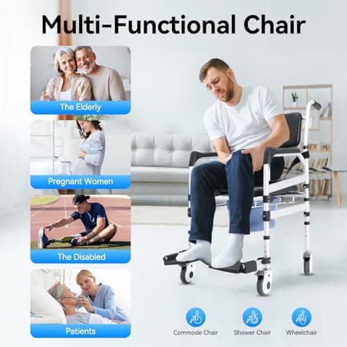 Shower Chair with Wheels, Rolling Commode Chair for Toilet with Arms, Adjustable Height Folding Bath Commodes for Inside Shower, Bedside Wheelchair Bathroom Chairs for Elderly Disabled Injured 5