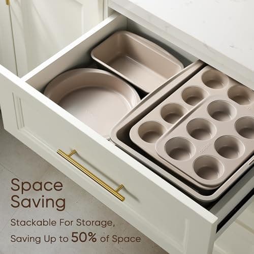 CAROTE 7-Piece Nonstick Stackable Baking Pans Set - Bakeware Sets Including Cookie Sheets for Baking, Muffin Pan, Bread Pan, Cake pan, Loaf Pan, Roasting Pan, Gray & Khaki 6