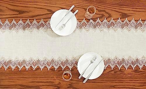 Raedan Natural Linen Table Runner 72 inches Neutral Earth Tones Beige Lace Coffee Table Runners Dresser Scarf for Easter Spring Summer Kitchen Wedding Party, Machine Washable (Natural, 16”x72”) 6
