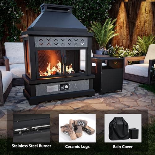 MaxMulti Outdoor Propane Fireplace w Tank Table, 50,000 BTU Gas Fire Pit with Ceramic Logs, Rain Cover, 35 Inch Steel Metal Smokeless Fireplace for Patio, Deck, CSA Certified (35 x 47 Inch) 6
