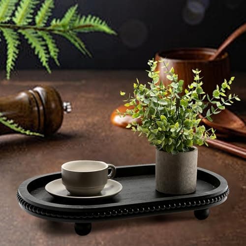 SYNCVIBE Wooden Decorative Tray for Home Decor, Beaded Black Oval Tray Decor for Coffee Table, Rustic Wood Serving Trays Farmhouse Centerpieces for Living Room Kitchen Counter (Black Oval) 6